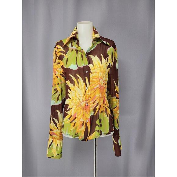Body By Victoria Secrets Shirt Medium Brown Yellow Silk Floral Button Top Groovy - Picture 1 of 15